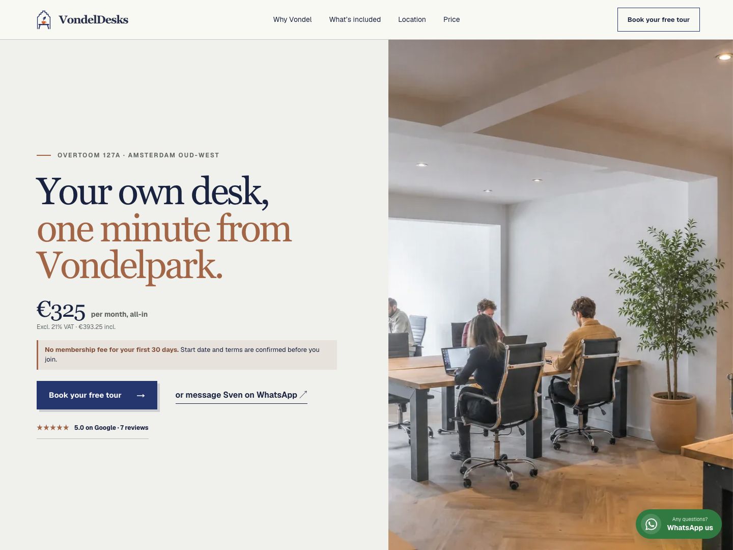 The redesigned Vondel Desks website homepage