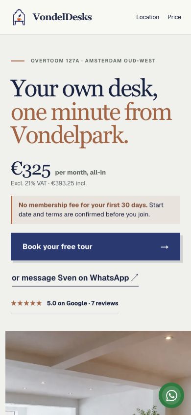 The Vondel Desks mobile homepage