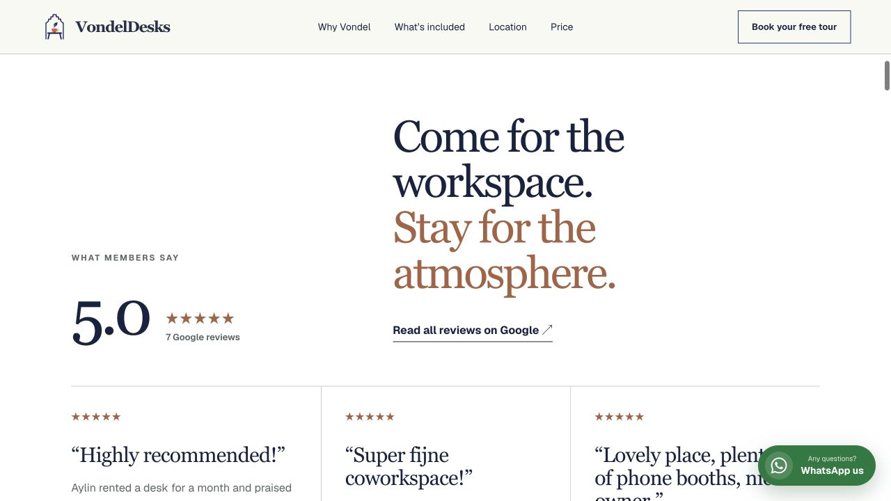 The current Vondel Desks review section uses verified member voices to describe the atmosphere