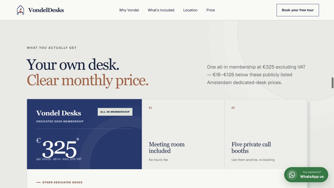 The current Vondel Desks value section presents the all-in monthly membership and its inclusions