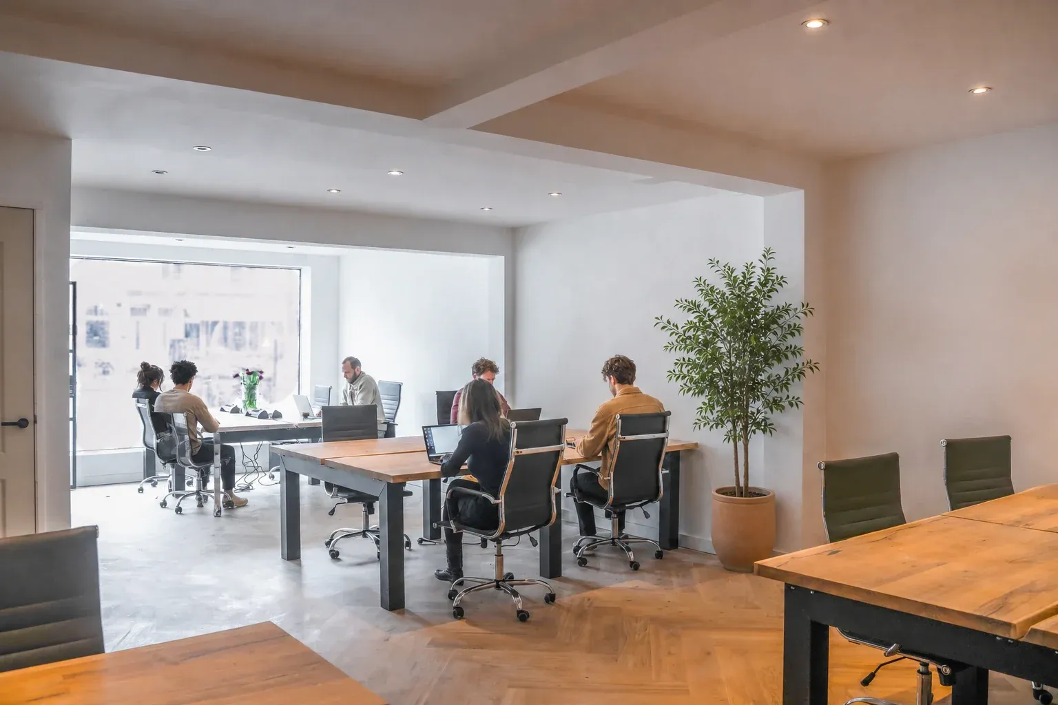 Vondel Desks members working in the bright workspace near Vondelpark