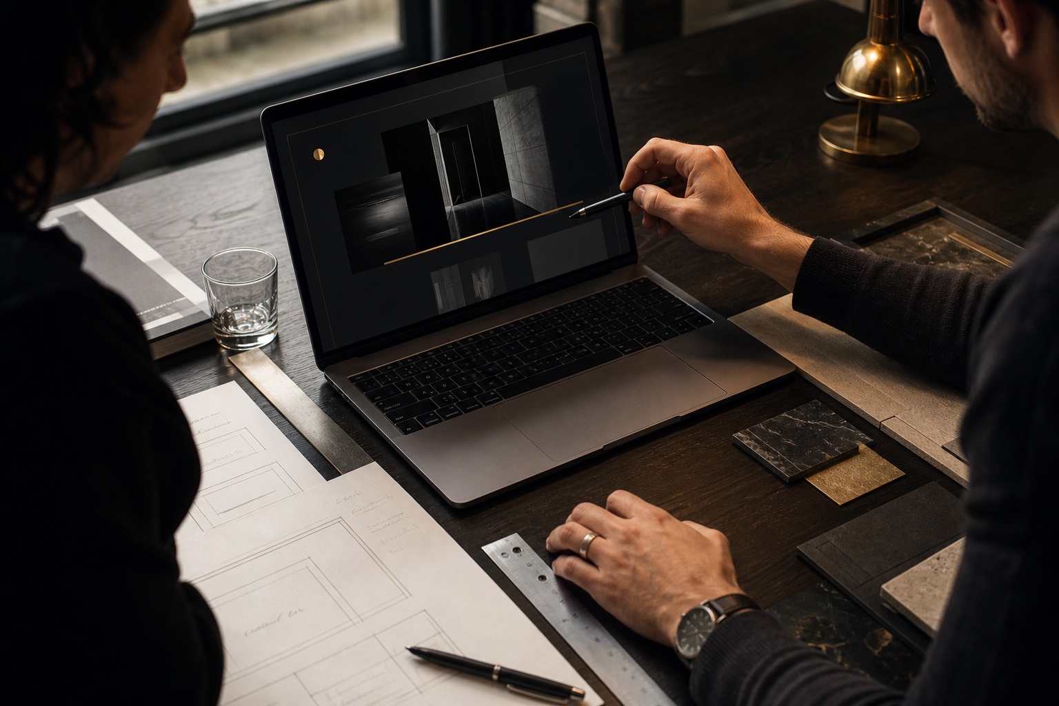Two people reviewing a website interface and its design system